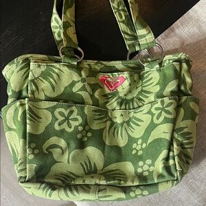 Roxy - Green Floral Tote Bag with Pink Heart Accent
